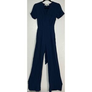Diane von Furstenberg Navy Wrap Jumpsuit Size 00 Wide Leg Belted Minimalist Chic